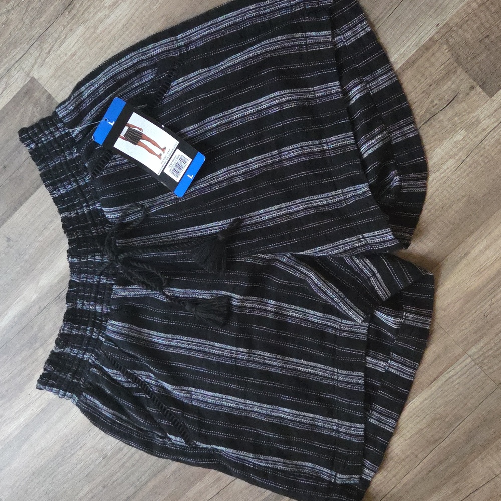 Black and Gray Striped Linen Shorts W/ Tassel